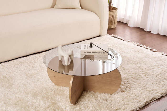 Nordure Mesa de Café, Vidrio Templado y Tablero de Partículas Recubierto de Melamina, Roble Zafiro y Humo, 75x35x75 cm